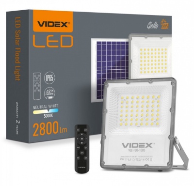 VIDEX  LED  proāžektors  uz saules  enerģijas  100W, 2800LM 5000K (BATERIJA LIFEPO4 30000 MAH 3.2V) (PANELIS 25W) VIDEX VL-FSO2-505