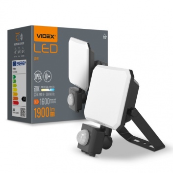 VIDEX  LED  prožektors  ar  sensoru  20W, 1600LM  5000K  VLE-F3-0205B-S