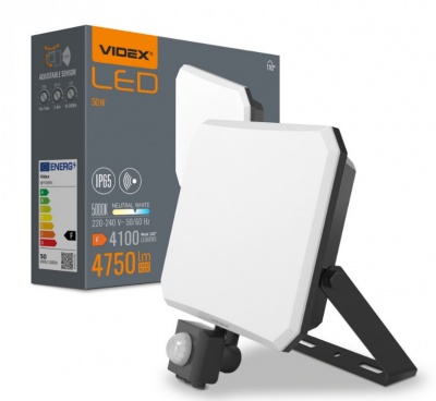 VIDEX  LED  prožektors  ar  sensoru  50W, 4100LM  5000K  VLE-F3-0505B-S