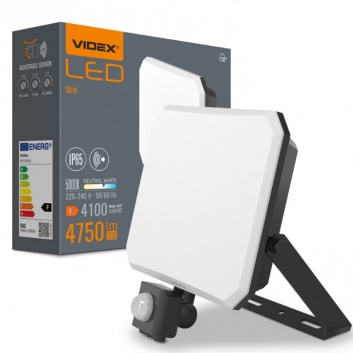 VIDEX  LED  prožektors  ar  sensoru  50W, 4100LM  5000K  VLE-F3-0505B-S