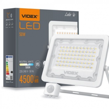 VIDEX  LED  prožektors  ar  sensoru   50W, 4500LM 5000K  VLE-F2e-505W-S