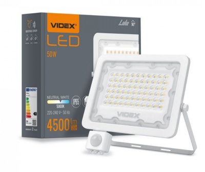 VIDEX  LED  prožektors  ar  sensoru   50W, 4500LM 5000K  VLE-F2e-505W-S